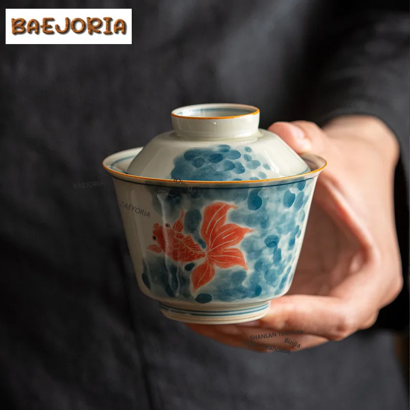 

150ml Hand-painted Goldfish Lotus Gaiwan Japanese Tea Tureen Household Tea Bowl With Lid Kit Tea Maker Cover Bowl Teaware Gift