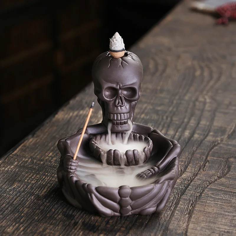 Creative Skull Purple Clay Backflow Incense Burner, European Halloween Ghost Decor, Home Atmosphere Ornament Craft