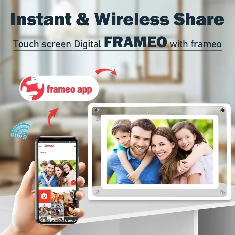 10.1-Inch Wi-Fi Digital Picture Frame Auto-Rotate IPS Touchscreen 32GB Storage Frameo App Supports AVI Video Playback Clock