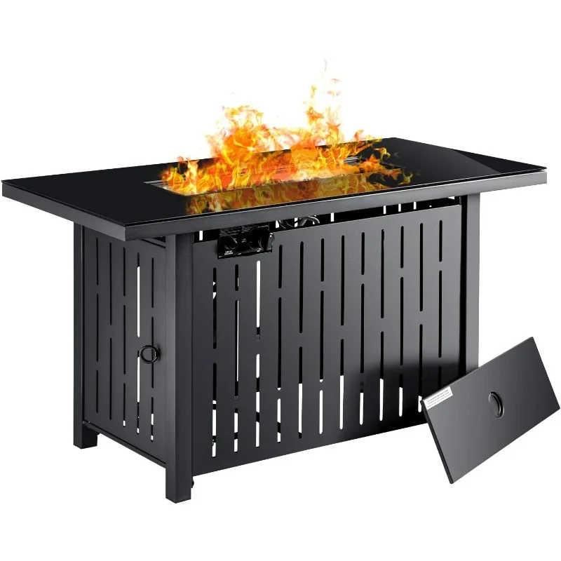 

Gas Fire Pit Table 43 inch 50000 BTU Outdoors Gas Propane Firepits with Tempered Glass Desktop, Lid & Lava Rock and Waterproof