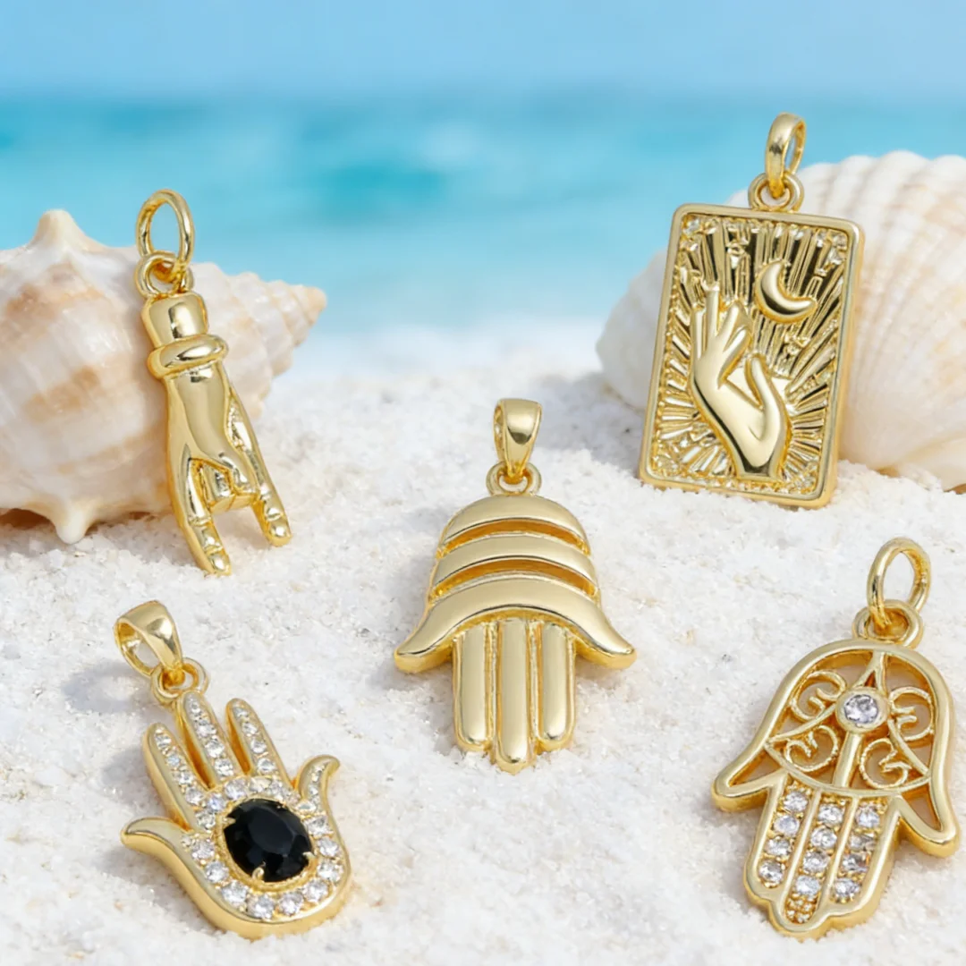 12Pcs Pendants Brass Cubic Zirconia Hamsa Palm Charms for DIY Jewelry Necklace Bracelet Making Trendy  Accessories for Men Women
