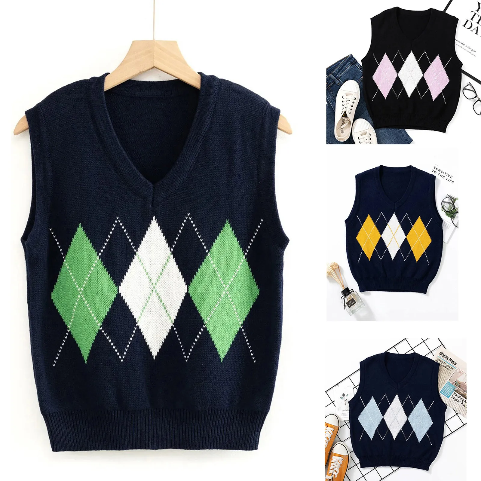 Argyle Sweater Vest Cropped Knitted Vest Top Women Plaid Knit Vest Vintage Vest Sweater Autumn Warm Sweater Korean Style