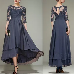 Eleganti abiti da sposo in Chiffon di pizzo corto per donna, mezza manica, lunghezza del tè a trapezio, pieghettato, madre della sposa