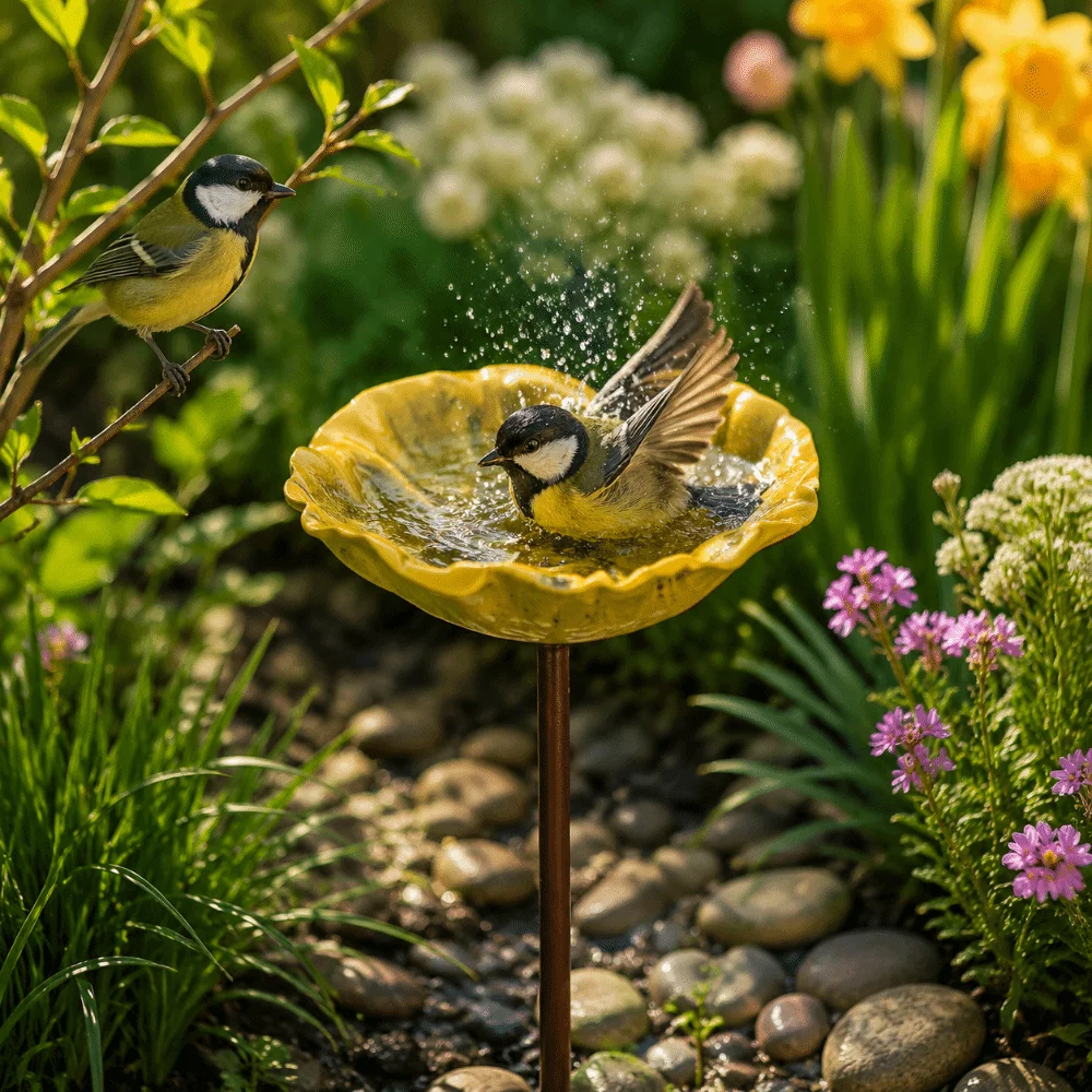 Metal Bird Bath Stand Flower Shaped Colorful Garden Insect Birdbath Iron Art Ground Insert Bird Water Dispenser Yard