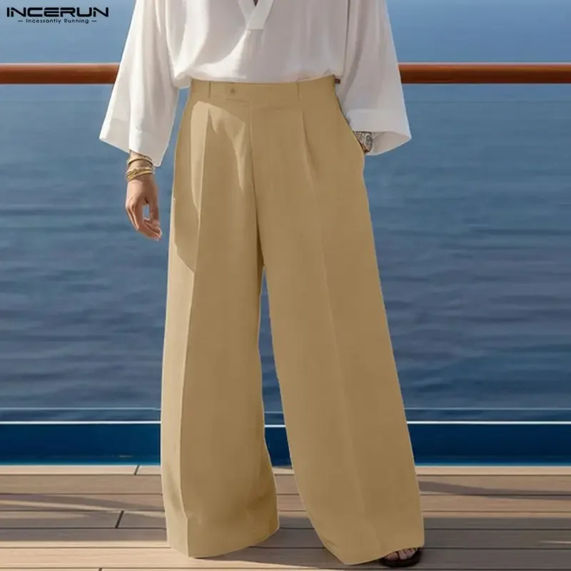 INCERUN Men Pants Solid Color Button Joggers Baggy Casual Wide Leg Trousers Men Streetwear 2026 Loose Fashion Male Long Pants view 4