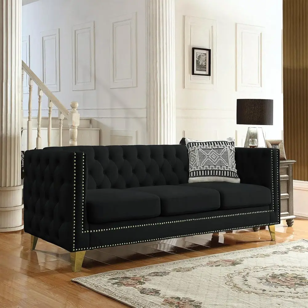

80 Button-Tufted 3-Seater Sofa with Square Arms, Metal Legs, Gold Nails, and Black Upholstery for Living Rooms and Offices