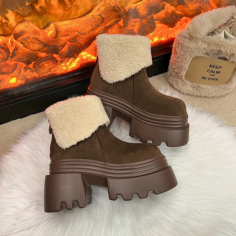 الشتاء مكتنزة منصة النساء الفراء الثلوج الأحذية الدفء الجلد المدبوغ سميكة وحيد الدافئة القطن الجوارب القصيرة أحذية Zapatos Mujer 10 سنتيمتر