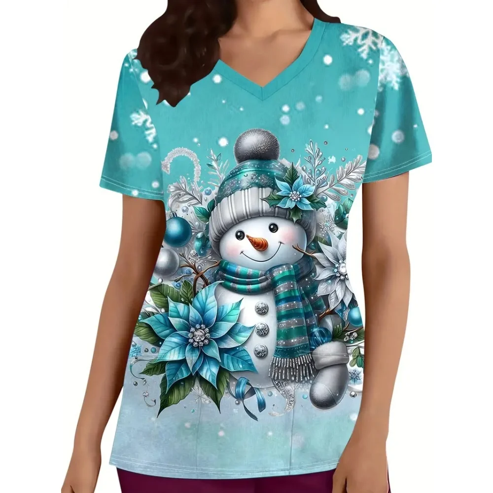 Scrub Medical Woman Summer Christmas Snowman Print V-Neck Short Sleeves Cute Nursing Uniforms Tops Dental Women's Nurse Clothes