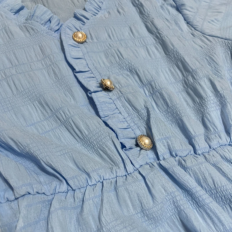 Sukienka dla kobiet Letnia koszula z krótkim rękawem w dużych rozmiarach Biało-niebieskie sukienki Casual Koreańska francuska retro Slim Fit Odzież damska
