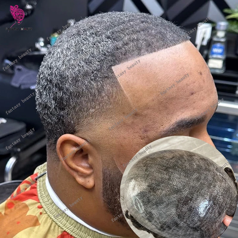 

Мужской парик-накладка Afro Deep Curly 10 мм, прочный, с тонкой основой, черные волны, 360°, для мужских причесок, цвет 1b80, с эффектом соли и перца, из полиуретана