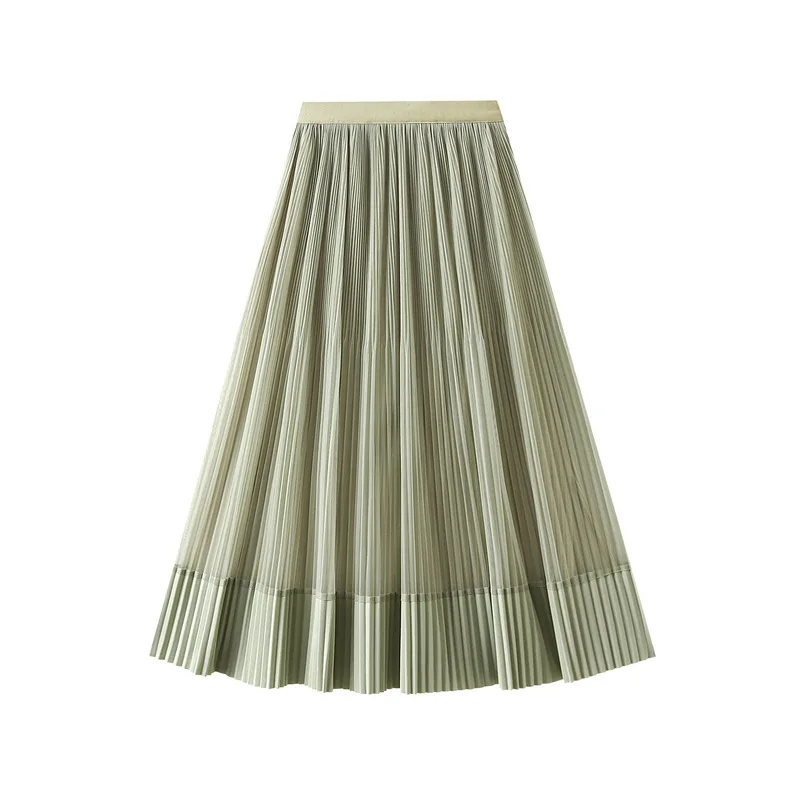 

Women Long Pleated Skirt Summer Spring New 2024 Double-sided Design Tulle Skirt Female Casual All-match Skirt Lady Green Skirt