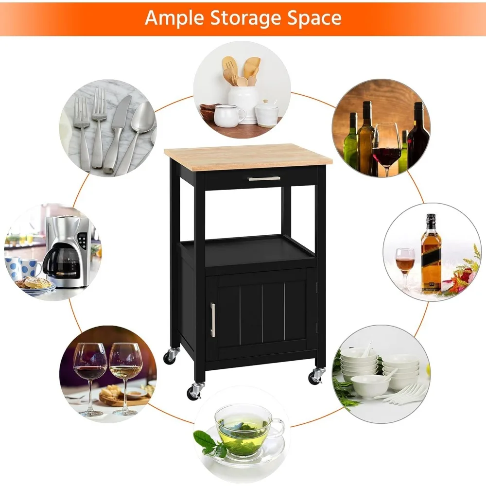 Small Kitchen Island on Wheels with Wood Top and Drawer, Trolley Cart with Open Shelf and Storage Cabinet for Dining Room, image 5