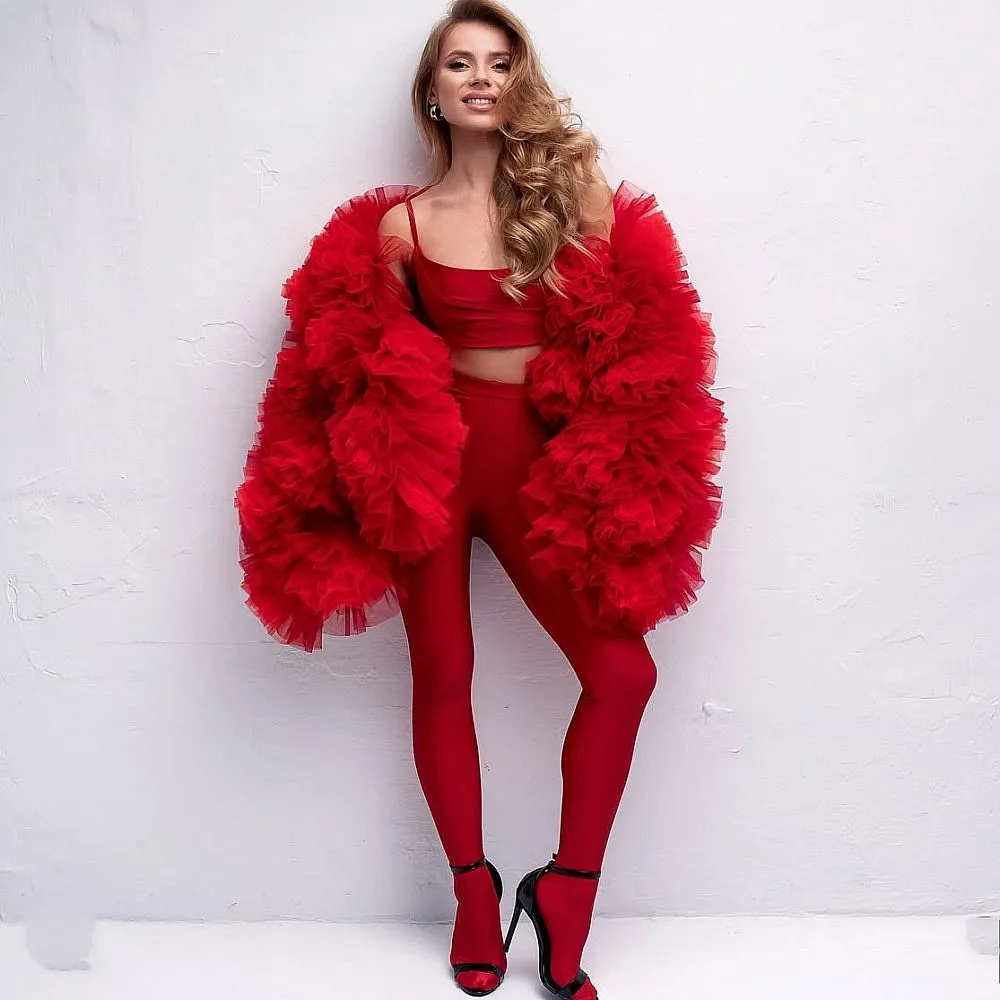 

Красное женское пальто кутюр, пышное, с длинными рукавами, из тюля, многослойное, сексуальное, для дня рождения