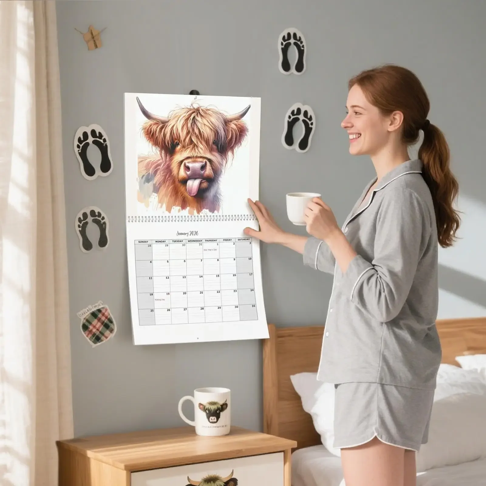 Calendario 2026 Calendario da parete divertente mucca delle Highland 2026 Pianificatore mensile in carta spessa Decorazioni per la fattoria per la pianificazione degli studenti e degli insegnanti