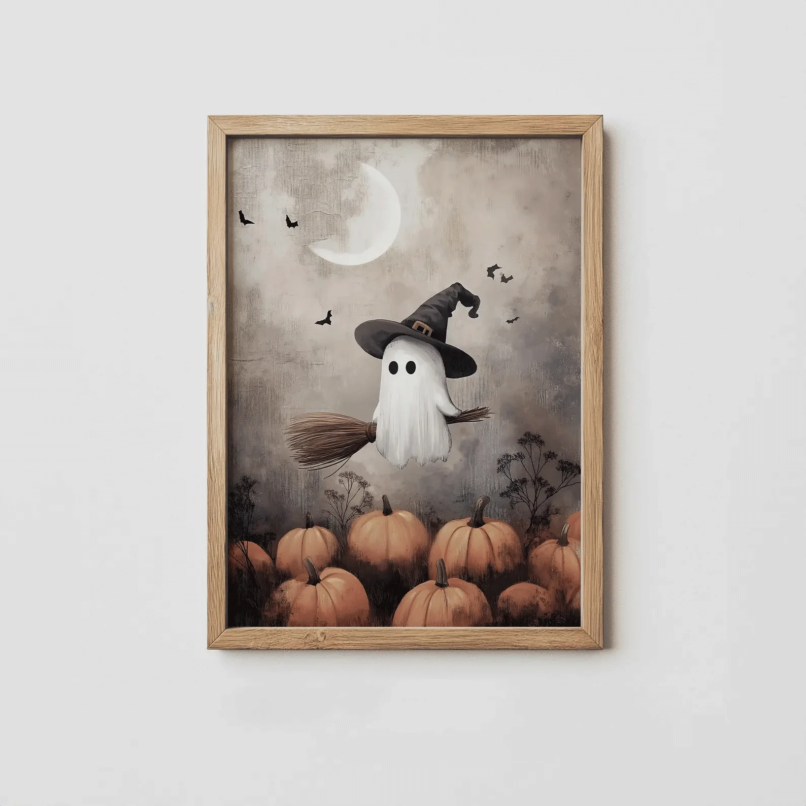 Halloween Printable Wall Art, Witchy Prints, Cute Ghost Painting, Ghost with Broomstick, Halloween Decor Digital Download