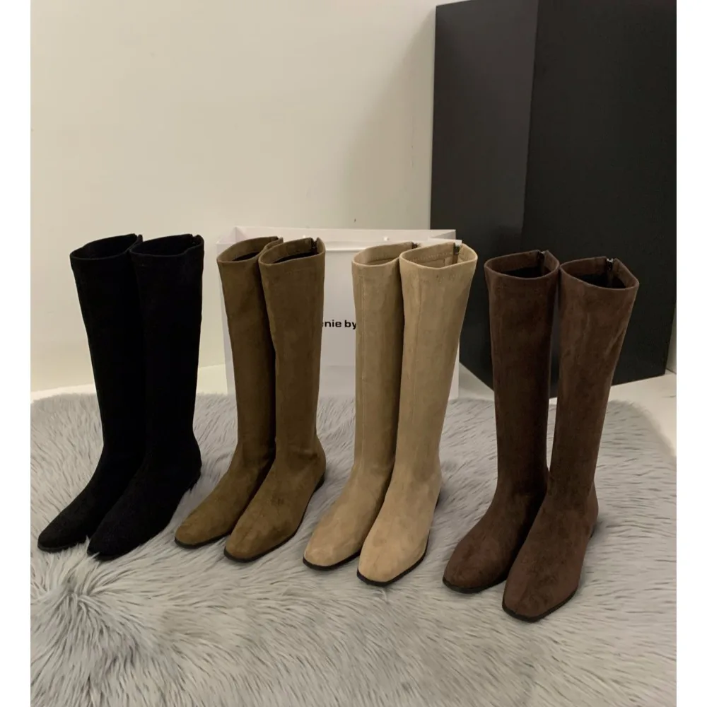 Luxury Designer Vintage Women Knee High Boots Fashion Square Low Heel Shoes Concise Slim Long Botas De Mujer
