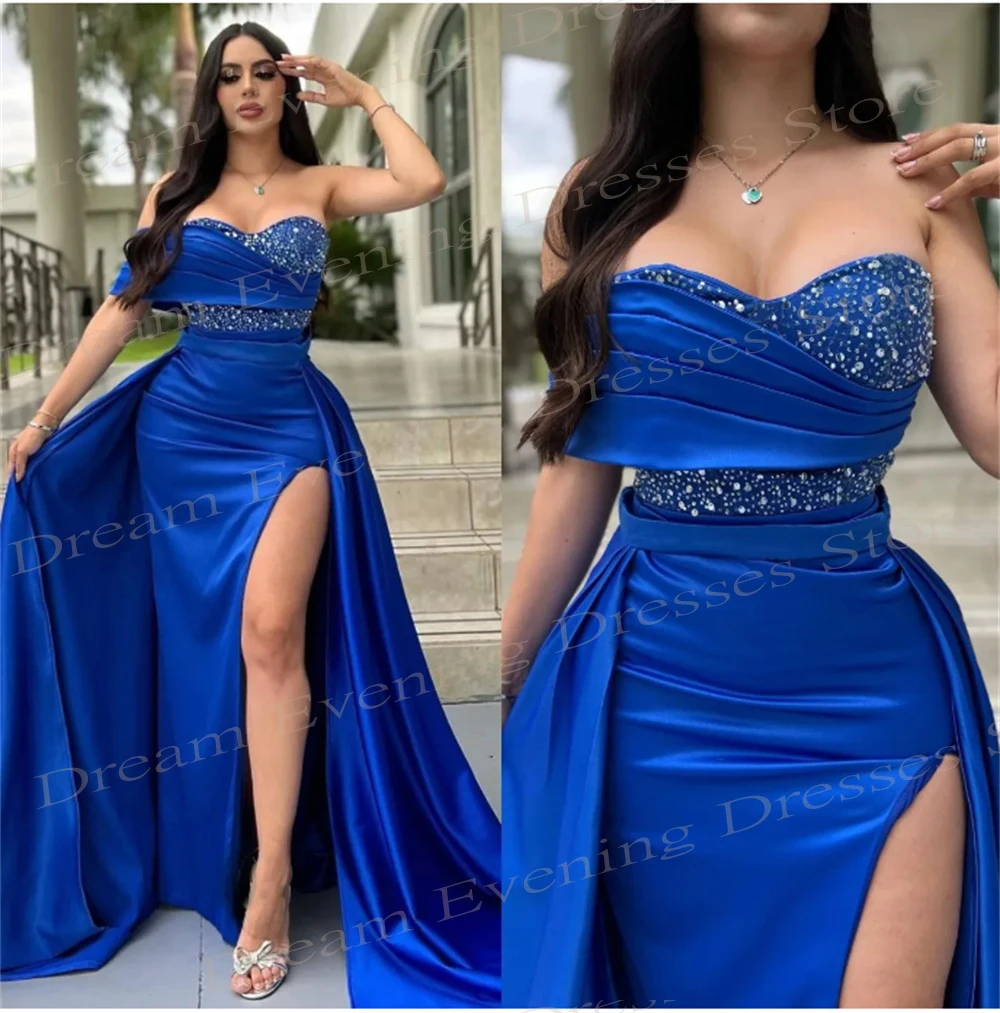 Fascinante Royal Blue Querida Sereia Vestidos, mangas frisadas Prom Vestidos, High Split Side