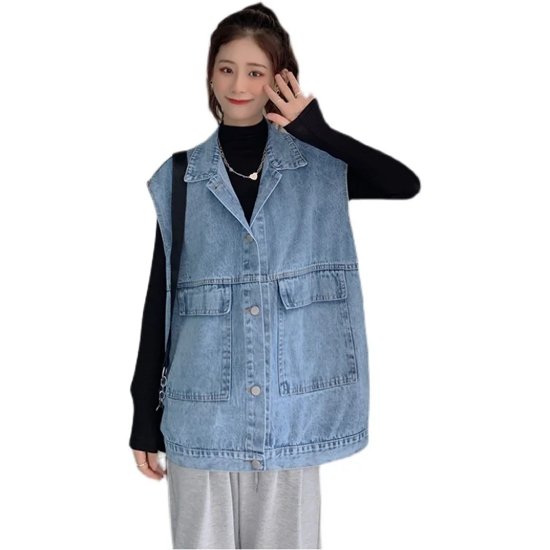 Oversize Women Denim Vest 2024 Spring Autumn Sleeveless Single Breasted With Pockets Loose Waistcoat Female Casual Outerwear