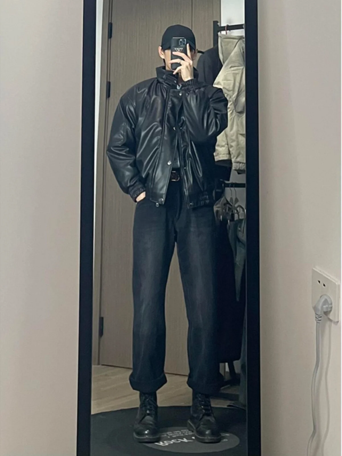 

Bla Fce Lined Men's Jeans High Street Sle Straight Leg Long Trousers Slimming Effect Winter Wear Comfortable Fit Jeans