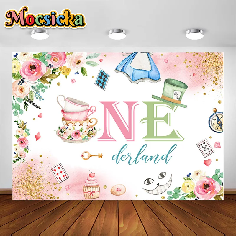 Mocsica1st 생일 파티 사진 배경 이상한 나라의 앨리스 장식 소품, 신생아 베이비 샤워 사진 배경 배너