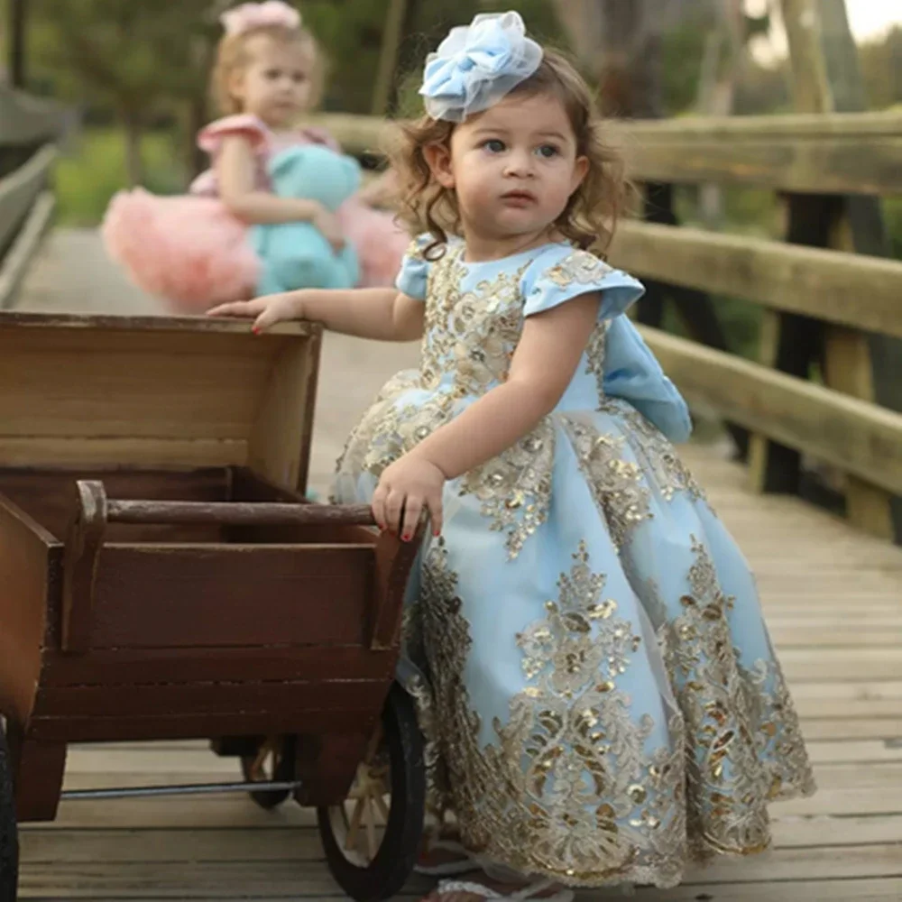 

Light Sky Blue Flower Girl Dress Lace Appliqued Sequined Bow Baby Girl Princess Wedding Birthday Party First Communion Dress