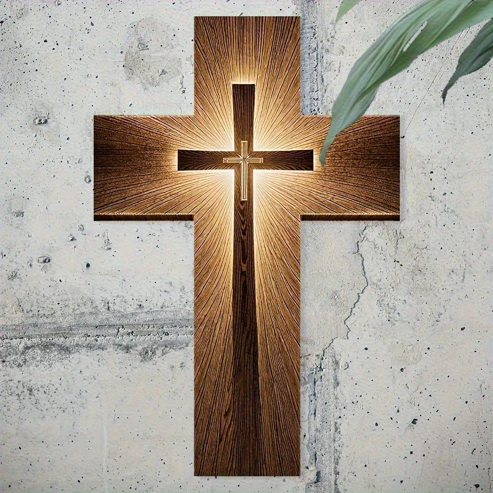 Croix murale religieuse 2D effet halo doré, épaisseur 5 mm, en bois recyclé, décoration pour église, maison, bureau, cadeaux pour les croyants