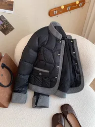 Black Splicing Stand Collar Cotton Jacket Men Women Casual Style Fashion Trend Matching Autumn Winter Cotton Outerwear