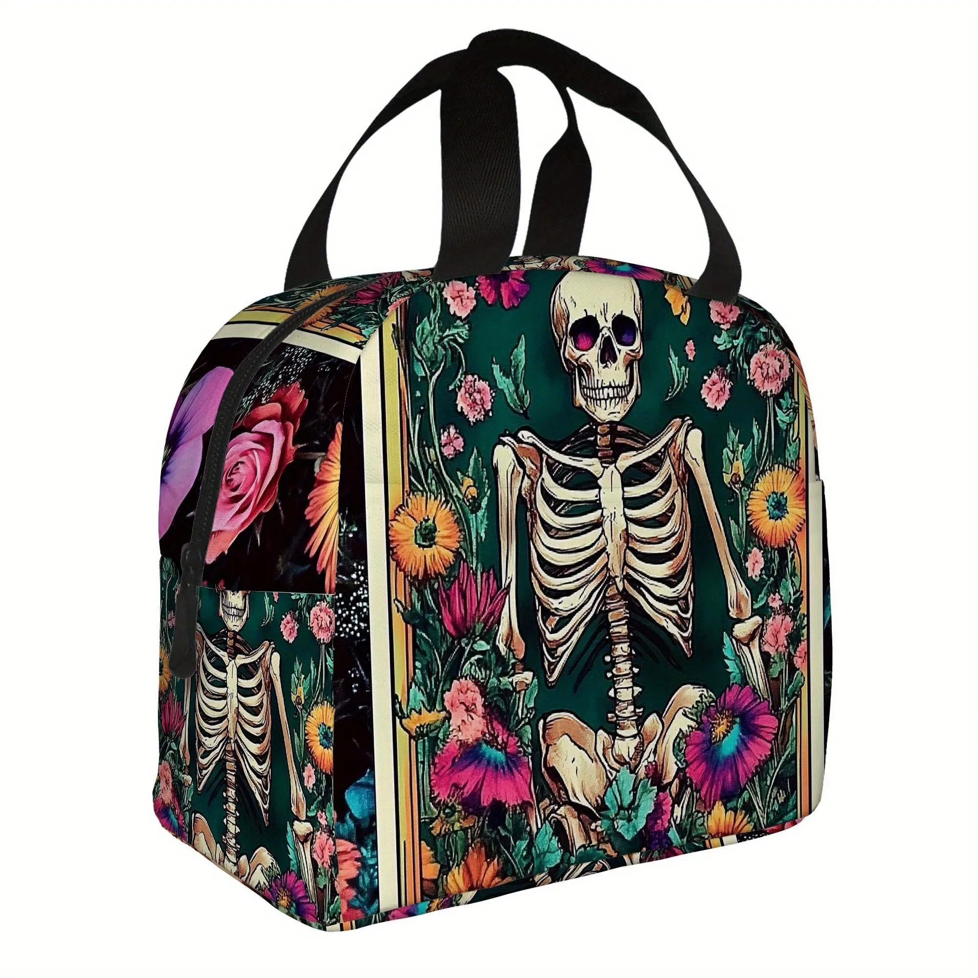 Skeleton Floral Print Insulated Lunch Bag Unisex Portable Thermal Tote for Office Picnic Travel