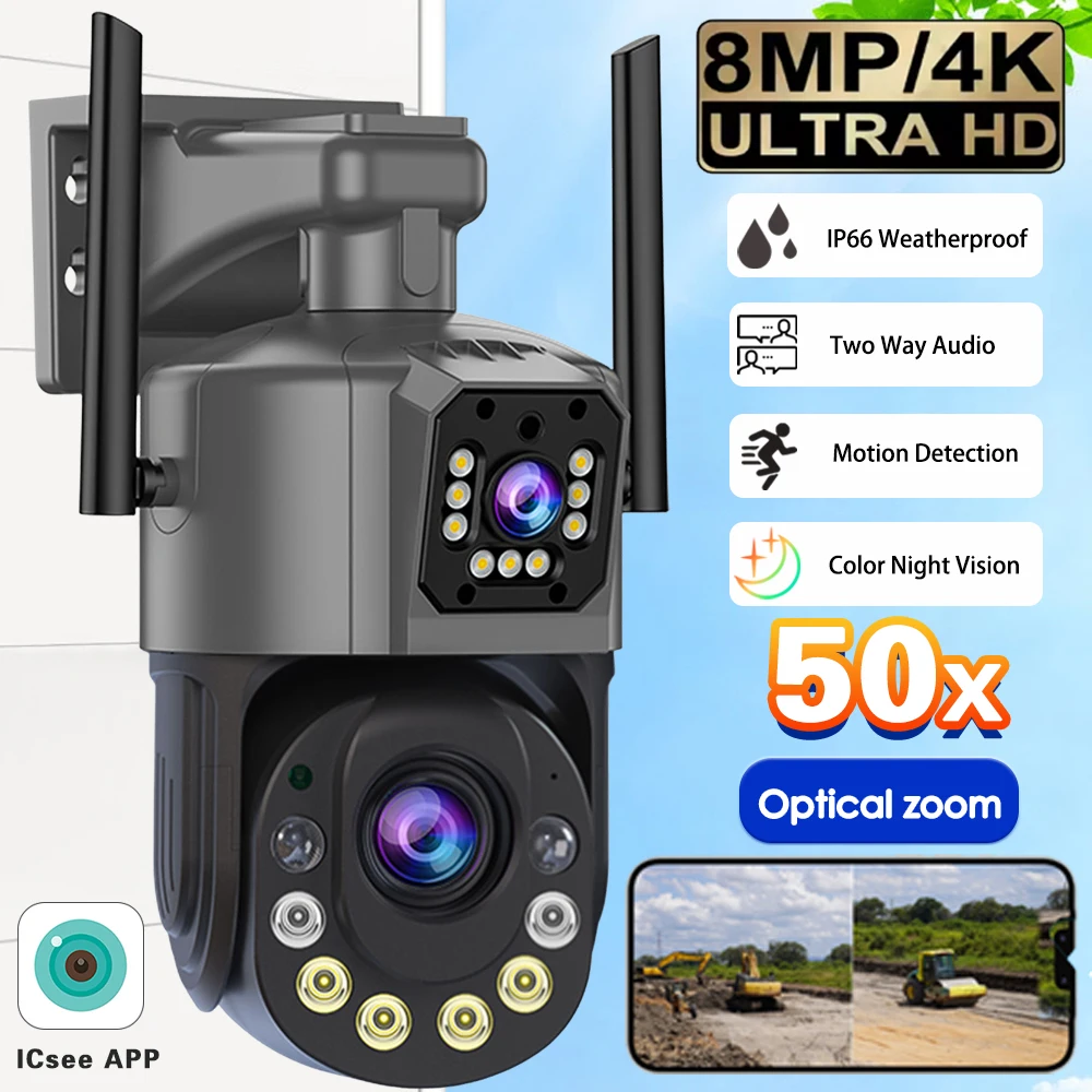 

Уличная Wi-Fi PTZ IP-камера ICSEE с 50-кратным оптическим зумом, 8 МП, 4K HD, водонепроницаемая, с цветным ночным видением и функцией обнаружения человека