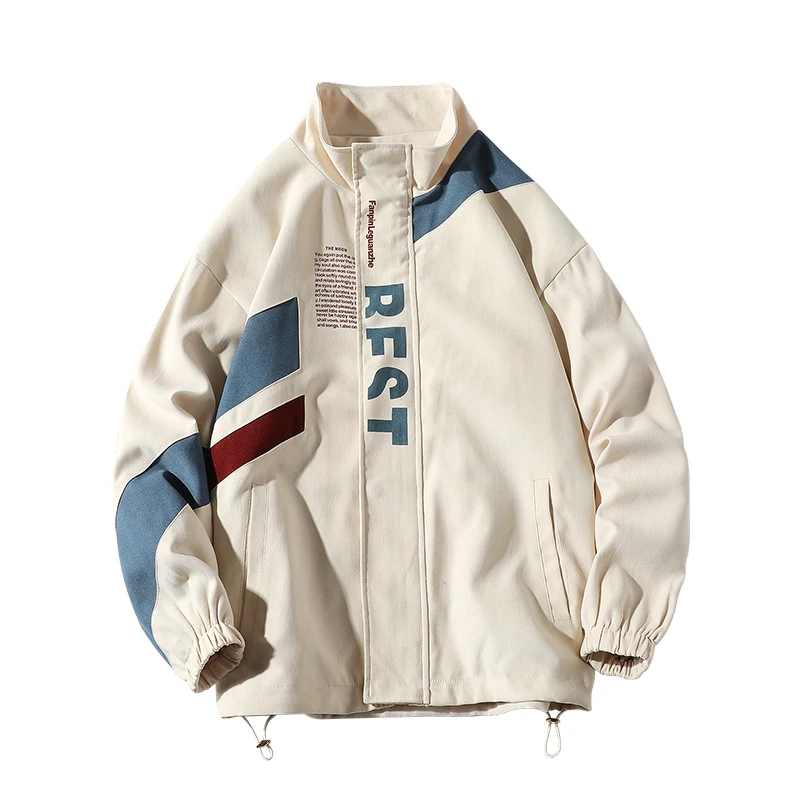 Men's Casual Stand Collar Jacket with Color Block Design, Loose Windbreaker for Streetwear