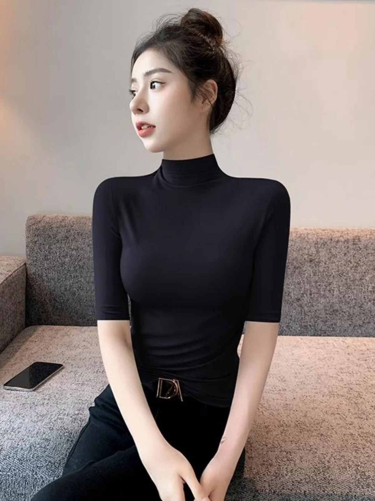 

Женская футболка Fenixuan Modal Mid-Sve, базовый слой, весна-осень, черная, приталенная, с рукавом до локтя