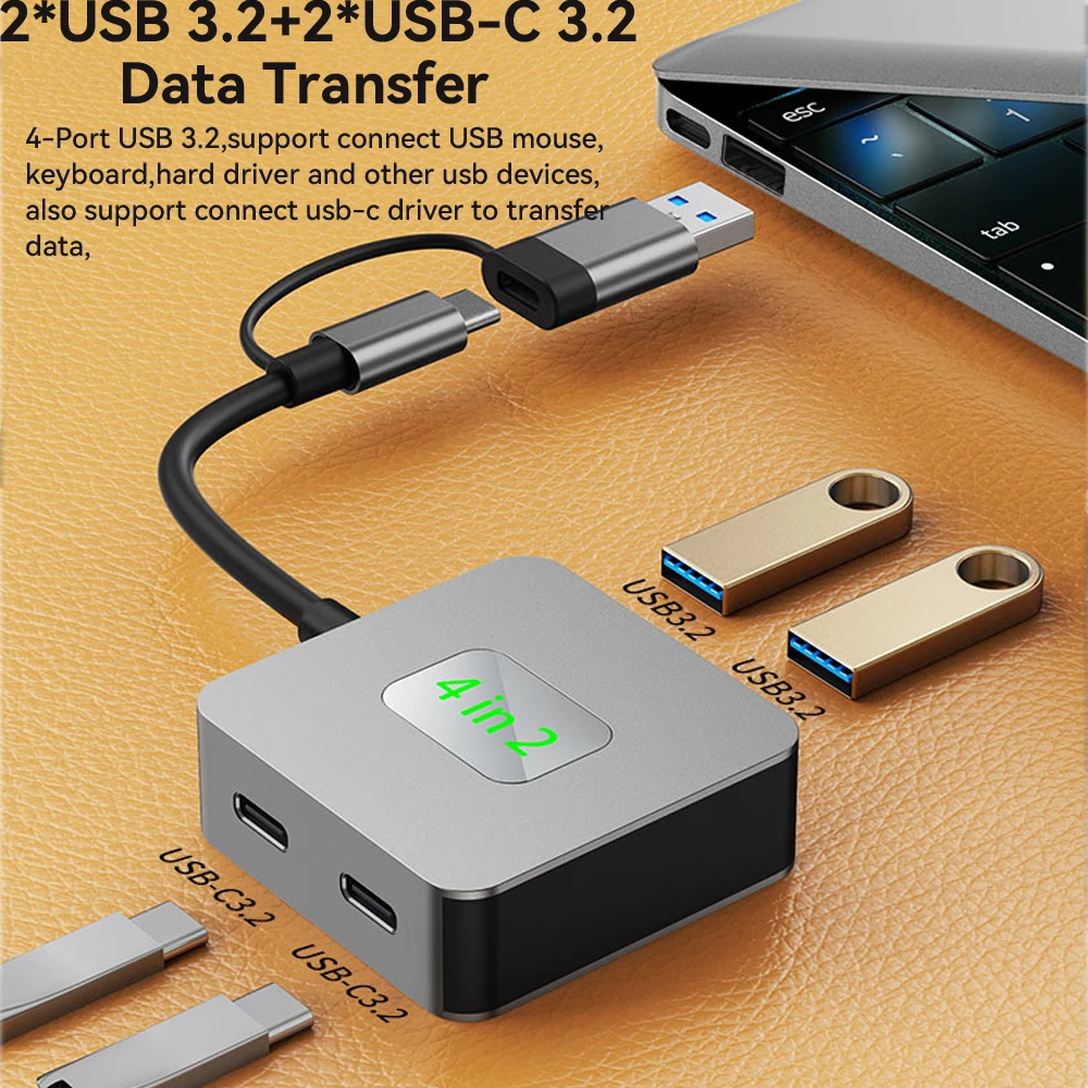 Tebe 4 IN 2 USB 3.2 Hub USB-A+USB-C to USB 3.2 Gen 3.2 /10Gbps USB-C 3.2 Splitter Adapter for Macbook Dell Huawei Xiaomi