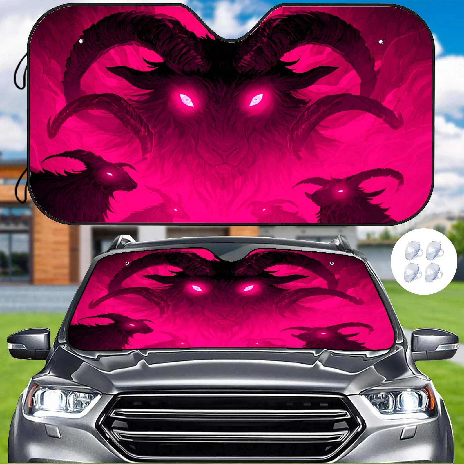 Crimson Demon Goat Car Sunshade, Horror Illustration Style, Heat Insulating And Heat Resistant, Stabilizes In-Car Temperature, I