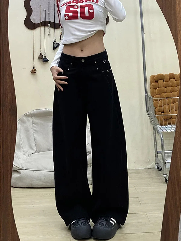 

Ретро-джинсы в американском стиле с заклепками, женские, осенне-зимние, свободные, прямые, широкие штанины, с низкой посадкой, повседневные