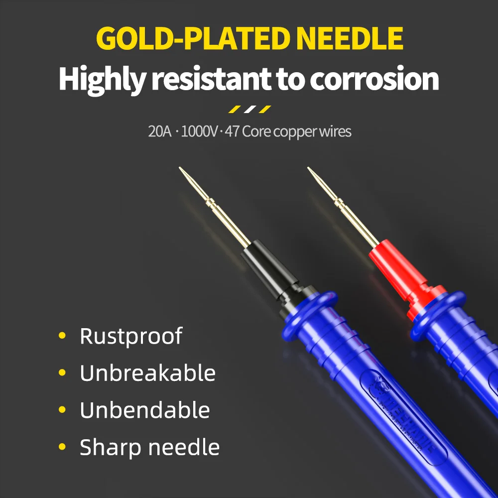 MECHANIC Universal-Digitalmultimeter-Messspitzen mit Goldbeschichtung, Weiches Silikonkabel mit Doppelisolation und Präzisionsnadelspitze