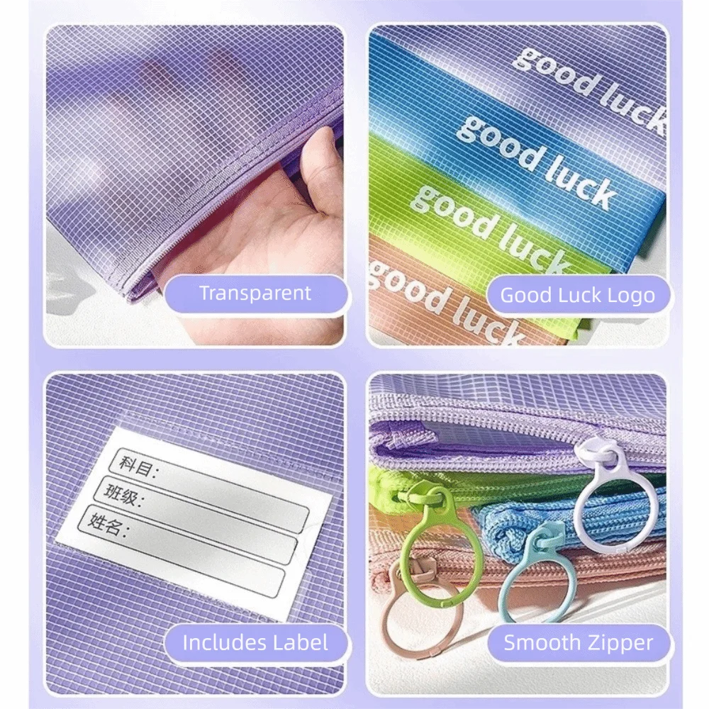 Simple Mesh A4 File Bag with Label Pocket Large Capacity Document Pouch Soft Foldable File Folder Gift