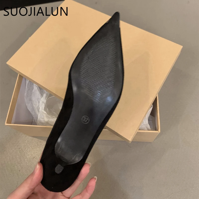 SUOJIALUN Spring New Brand Women Pumps Shoes Fashion Gold Pointed Toe Shallow Slip On Slingback Shoes Thin Low Heel Dress Pumps