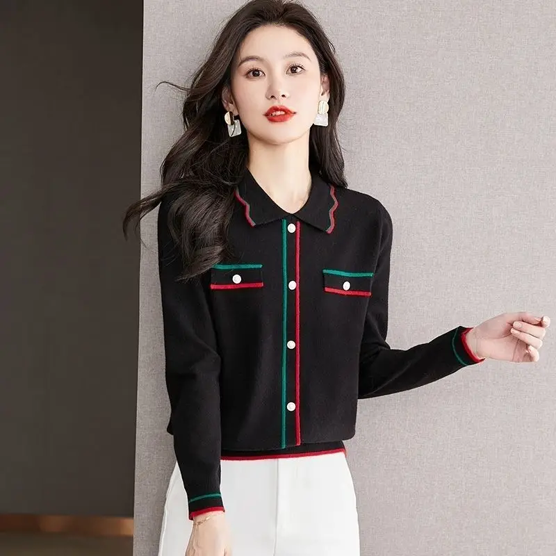 Fashion Lapel Knitted Spliced Button Korean Blouses Women\'s Clothing 2023 Autumn Winter Loose Commuter Tops Casual Shirts