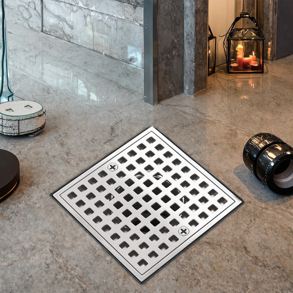 

Modern Square Shower Floor Drain Flange SUS304 Stainless Steel CUPC Certification Brushed Nickel Hair Strainer Removable Grid