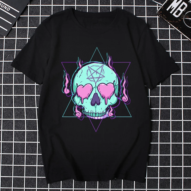 Pastel Goth Skull Heart Skeleton Bone Head Halloween Occult Shirts for Women Men Gothic Pattern Printed T-shirt Female Clothes