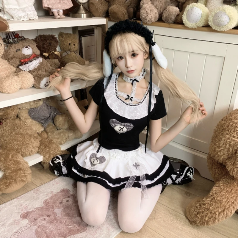 Subculture Y2K Rabbit Ear Short White Cardigan Jackets Slim Fit  Halter Short Sleeve T-Shirt Cake Half Skirt Set Womens Outfits