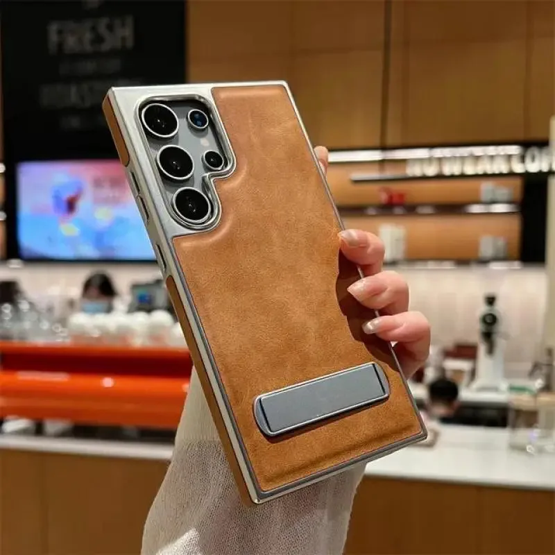 

Luxury Leather Metal Bracket Holder Phone Case For Samsung Galaxy S23 S22 S24 Ultra Plus Lens Protect Matte Shockproof Cover