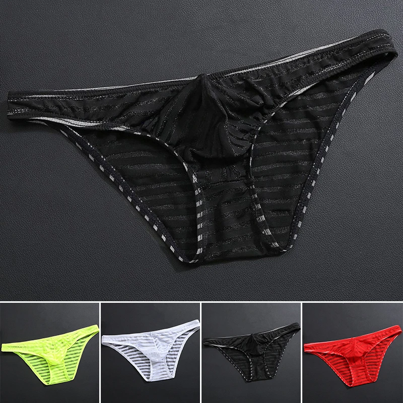 Men\'s Sexy Ultra-Thin Underwear Mesh Transparent Bulge Pouch Briefs Homme Low-waist Breathable Underpants Seamless Briefs