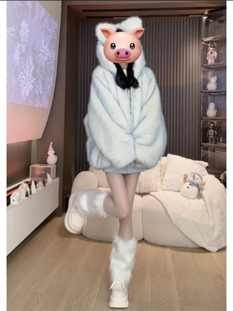 

Korean Sle Blue Double-Sided Wearable Hooded Jaet Women's Winter Small Size Original New Cotton Clothes Unique Super Beau...