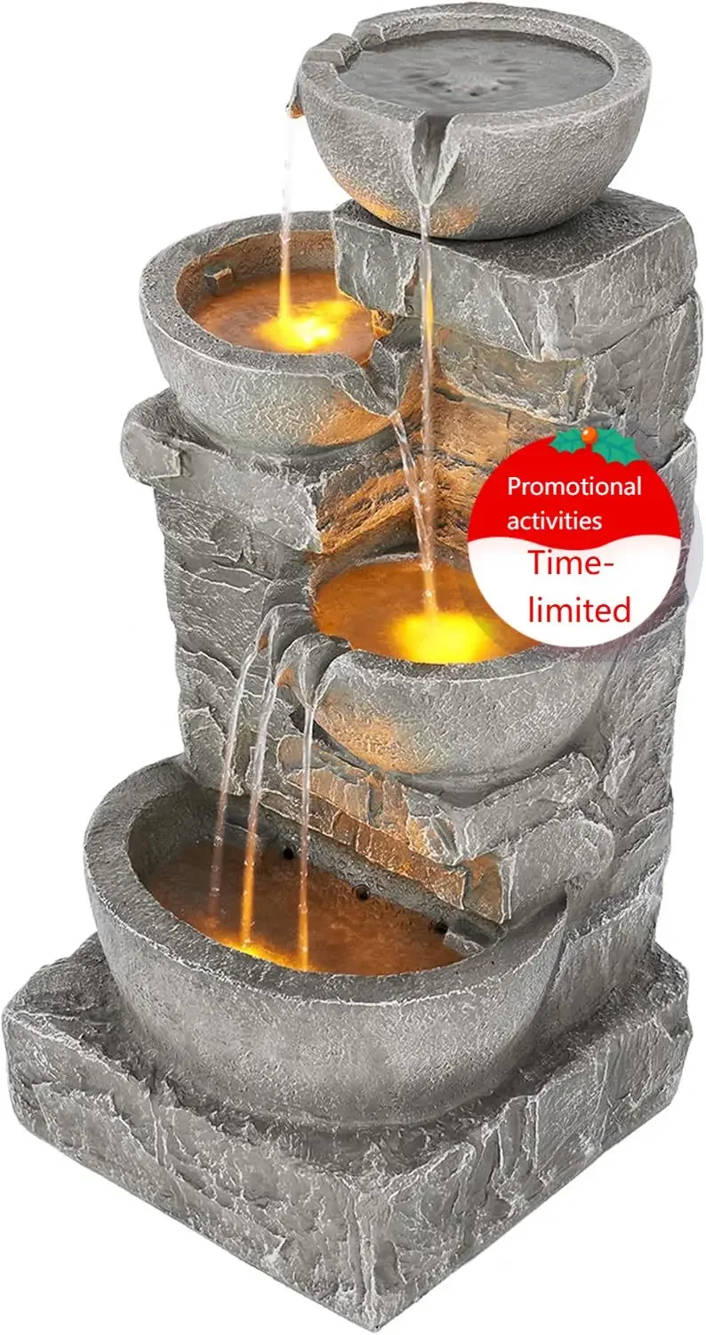 33.25 in. Cascading Bowls and Stacked Stones LED Outdoor Water Fountain for Gardens, Landscaping, Patios, Balconies, and Lawns f