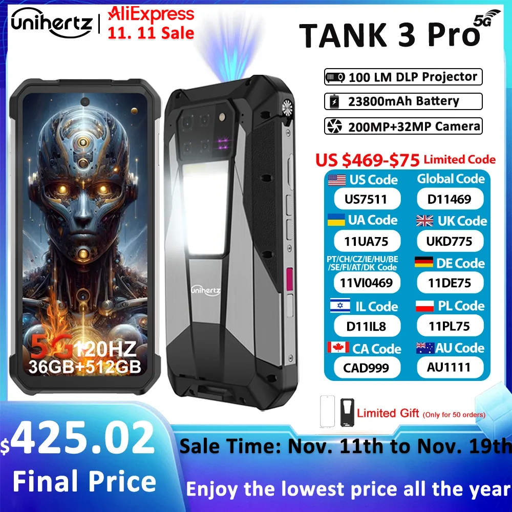 Unihertz Tank 3 Pro 8849 Smartphone with 100 Lumens 120Hz Projector 32GB+512GB 5G Phone 23800mAh 120W Fast Charger 200MP Camera