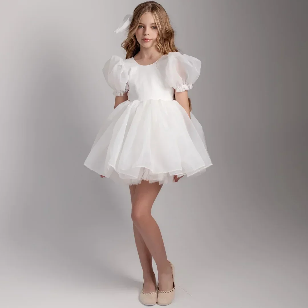Vestidos de niña de flores personalizados, tul de Organza blanco con lazo, manga corta para boda, cumpleaños, graduación, banquete, vestidos de comunión
