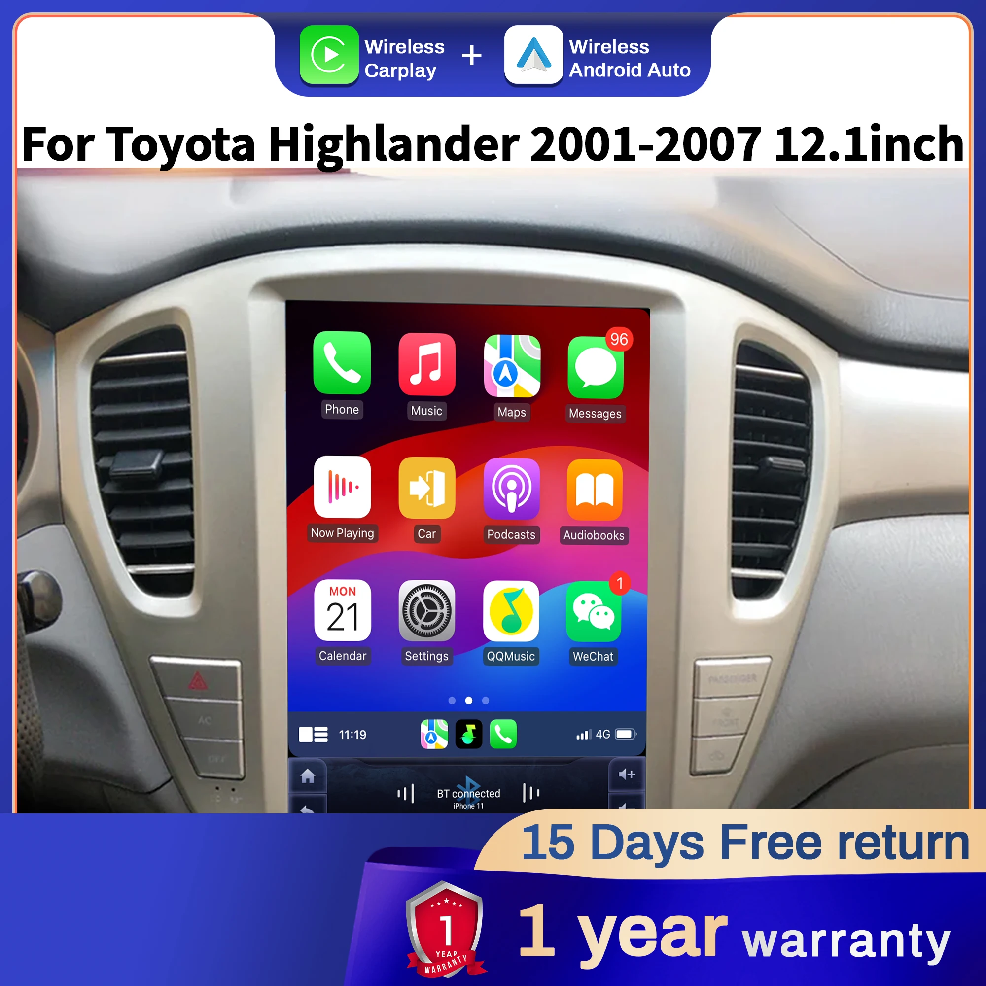 

12.1 inch Car Radio For Toyota Highlander 2001-2007 Android 14 4G Head Unit Wireless Bluetooth CarPlay Touch Screen Stereo