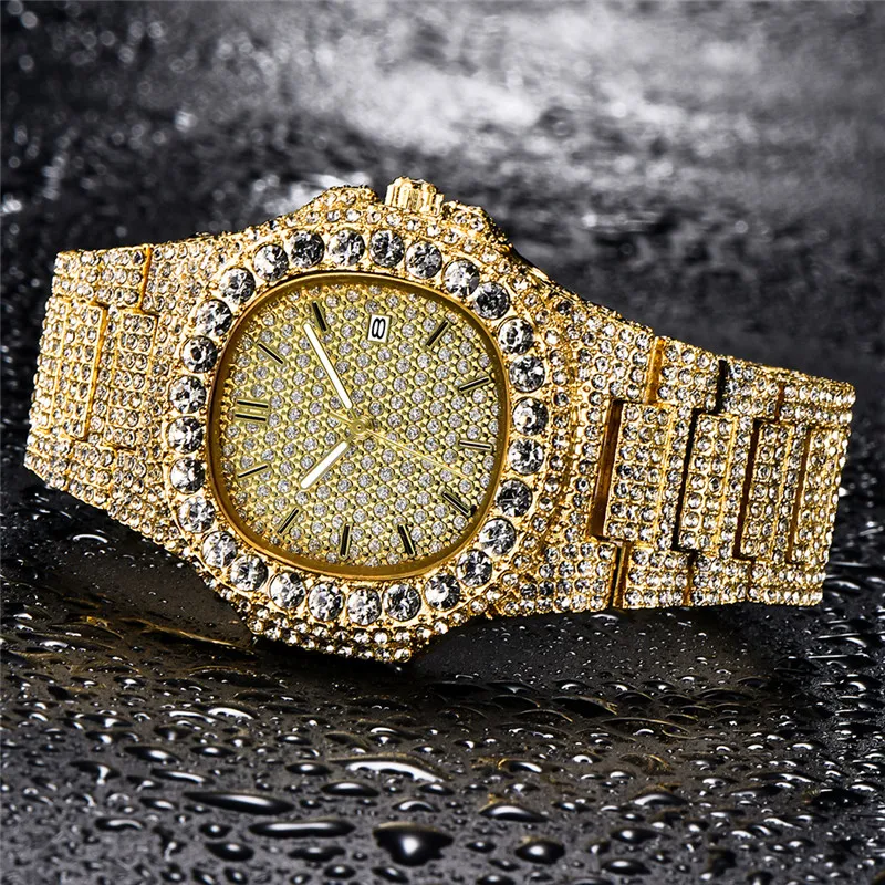 Men Hip Hop Full Diamond Luxury Brand Watches Fashion Alloy Band Golden Date Quartz Vintage Watch Montres de Marque de Luxe 2024