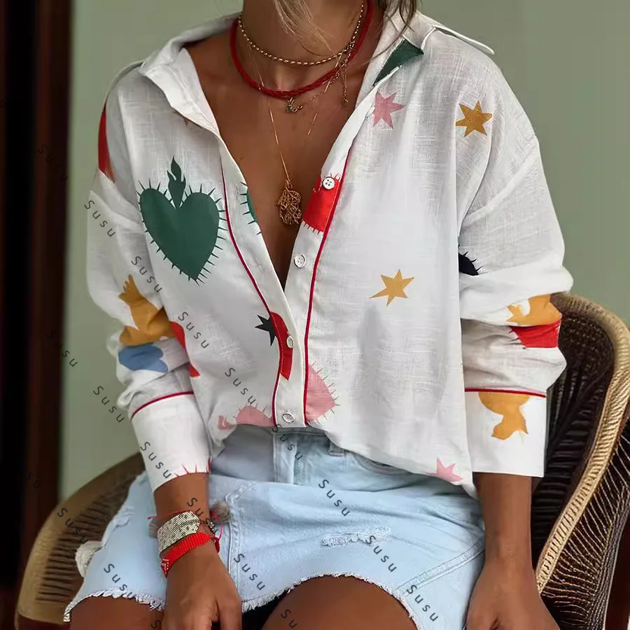 

2025 новая европейская и американская рубашка с длинными рукавами и принтом, модный кардиган, повседневный топ с лацканами 5010